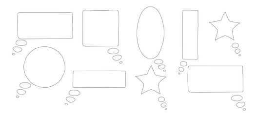 Set of decorative doodle style text frames with a tails of different shapes in black outline on transparent background.