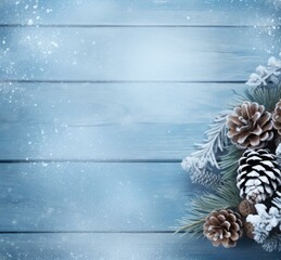 Canvas Print - Christmas background with pine cones and fir cones on blue wooden background. Generative AI.