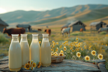  fresh milk in a glass bottles with green farm background. cow on farm organic concept