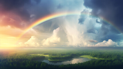 Wall Mural - A rainbow stretching across the sky after a storm.