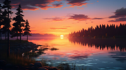 Wall Mural - A serene sunset over a calm lake.