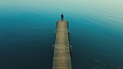 Wall Mural - aerial photography of a lone fisherman waiting patiently at the end of the wooden pier