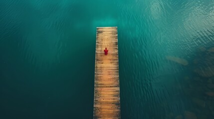 Wall Mural - aerial photography of a lone fisherman waiting patiently at the end of the wooden pier