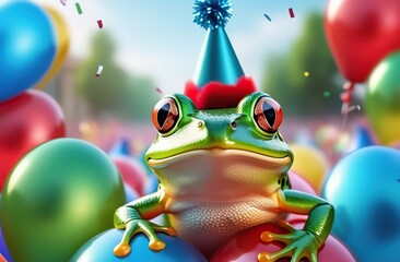 Wall Mural - cute smiling frog with a festive cap on his head holds a lot of balloons in his hand, frog in a jump, confetti, festive background. Frog in full growth, long shot. Birthday, Leap Day.