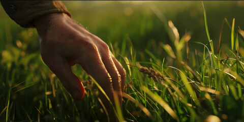 Poster - a close up shot of a person's hand, touching grass, generative AI