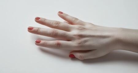 Poster -  A close-up of a hand with red nail polish, resting on a white surface