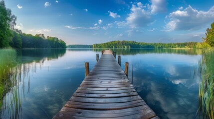 Wall Mural - tranquil spring time at a secluded lake with a wooden dock in the serenity of nature