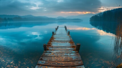 Wall Mural - tranquil spring time at a secluded lake with a wooden dock in the serenity of nature