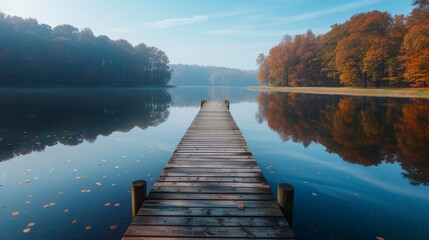Wall Mural - tranquil spring time at a secluded lake with a wooden dock in the serenity of nature