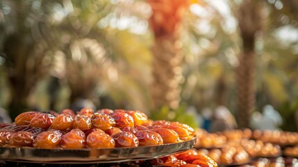 Dates on a plate with date palm plantations in the background.