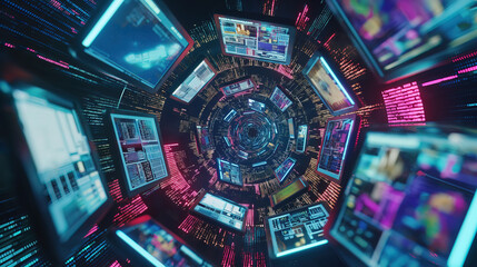 Wall Mural - Futuristic 3d round computer center, glowing technological cyberspace network, corporate business security, datum data center