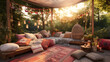 A bohemian backyard picnic area with a low seating sofa set, floor cushions, and a tapestry canopy.
