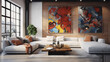 A contemporary loft space with a modular sofa set, abstract art, and a mix of industrial and modern decor.