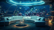 A futuristic underwater lounge with a sectional sofa set, bioluminescent decor, and a simulated ocean floor.