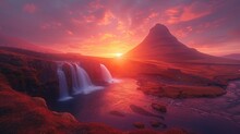 Morning landscape with rising sun on Kirkjufellsfoss waterfall and Kirkjufell mountain
