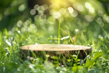 Wall Mural - Round cut of a tree, a pedestal for an object, a podium for cosmetics. Summer sunshine, against the background of lush green grass.. High quality photo. generative ai.