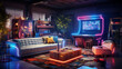 A retro arcade room with a sectional sofa set, classic arcade games, and neon signage for a nostalgic gaming space.