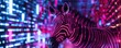 Neon-lit zebra leading a cyber crime syndicate, digital money codes embedded in its stripes