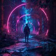 Time traveler emerging in a neon-lit dark forest, mysterious lights guiding the path
