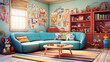 A whimsical playroom with a colorful sofa set featuring fun prints, surrounded by toys, bookshelves, and educational activities.
