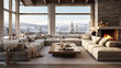 A winter ski lodge with a cozy sectional sofa set, a stone fireplace, and panoramic views of snow-covered mountains.