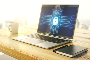 Aufkleber - Creative lock sketch with chip hologram on modern computer monitor, protection of personal data concept. 3D Rendering