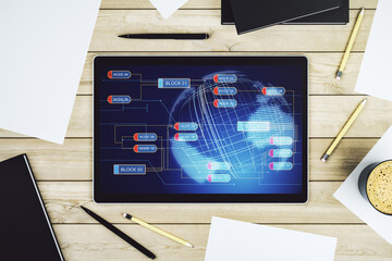 Poster - Modern digital tablet screen with abstract graphic coding sketch and world map, big data and networking concept. Top view. 3D Rendering
