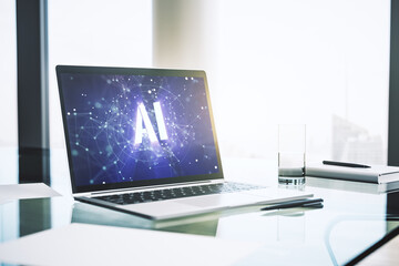 Poster - Creative artificial Intelligence symbol concept on modern laptop screen. 3D Rendering