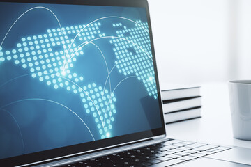 Poster - Abstract creative world map with connections on modern laptop screen, international trading concept. 3D Rendering