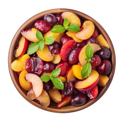 top view of juicy plum fruit salad in a wooden bowl isolated on a white transparent background