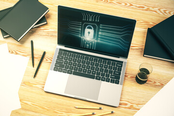 Aufkleber - Creative idea concept with lock symbol and microcircuit illustration on modern laptop screen. Protection and firewall concept. 3D Rendering