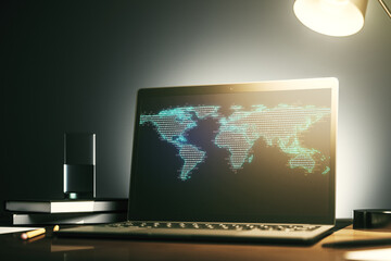 Poster - Modern computer display with abstract graphic world map, big data and networking concept. 3D Rendering