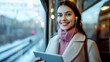 © PETR BABKIN - Happy woman working with a laptop in transport.