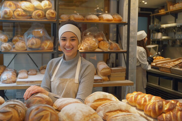 Wall Mural - smiling young woman standing with fresh bread at her bakery shop