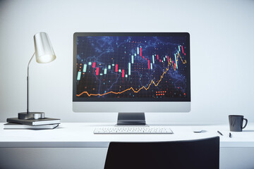 Poster - Abstract creative financial graph with world map on modern laptop screen, forex and investment concept. 3D Rendering