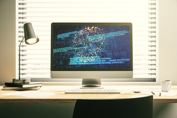 Poster - Creative concept of code skull illustration on modern laptop screen. Hacking and phishing concept. 3D Rendering