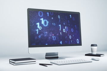 Aufkleber - Modern computer monitor with creative abstract binary code hologram. Database and programming concept. 3D Rendering