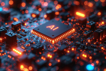 Poster - Computer Processor Microchip with AI Sign on a Glowing Circuit Board extreme closeup. Generative AI