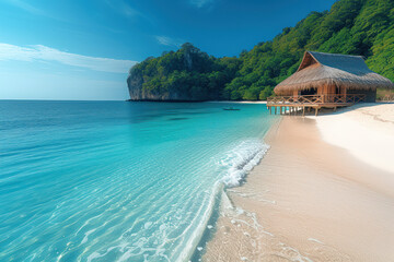 Leinwandbilder - Bungalow on the Tropical Perfect White Sand Beach extreme closeup. Generative AI