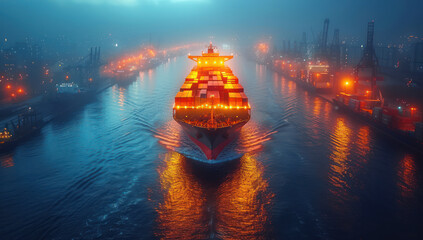 Aufkleber - Container Ship Vessel Navigating Through Night Shipping Terminal extreme closeup. Generative AI
