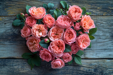 Aufkleber - Love Concept. A Bunch of Pink Roses in a Heart Shape on a Wooden Plank Background. Generative AI