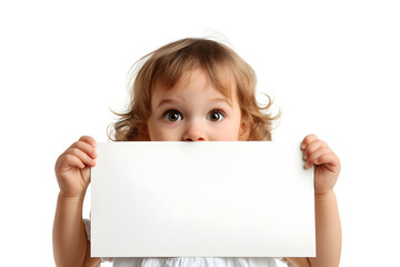 Young  in white holding a white blank sheet of paper, a poster, canvas, in her hands and covering her face.