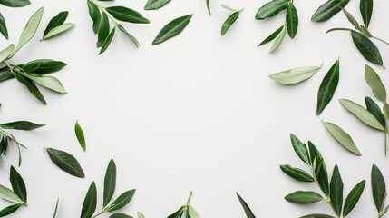 Olive leaves arranged on a white background