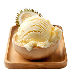 Wall Mural - Front view of a ball scoop of durian ice cream on a wooden tray isolated on a white transparent background