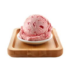 Wall Mural - Front view of a ball scoop of strawberry ice cream on a wooden tray isolated on a white transparent background