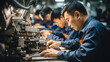 Asia workers working at technology production factory with industrial machines, manufacture.