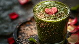 Fototapeta  - Green smoothie with heart of seeds, Fresh green smoothie with banana and spinach with heart of sesame seeds. Love for a healthy raw food concept, Generative Ai 