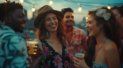 Wall Mural - Group of friends having fun at rooftop party.