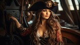 A woman in a pirate costume posing on a boat