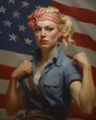woman blue shirt red bandana patriotism large fists design milk alluring blonde warrior dressed chase womanhood ready fight america